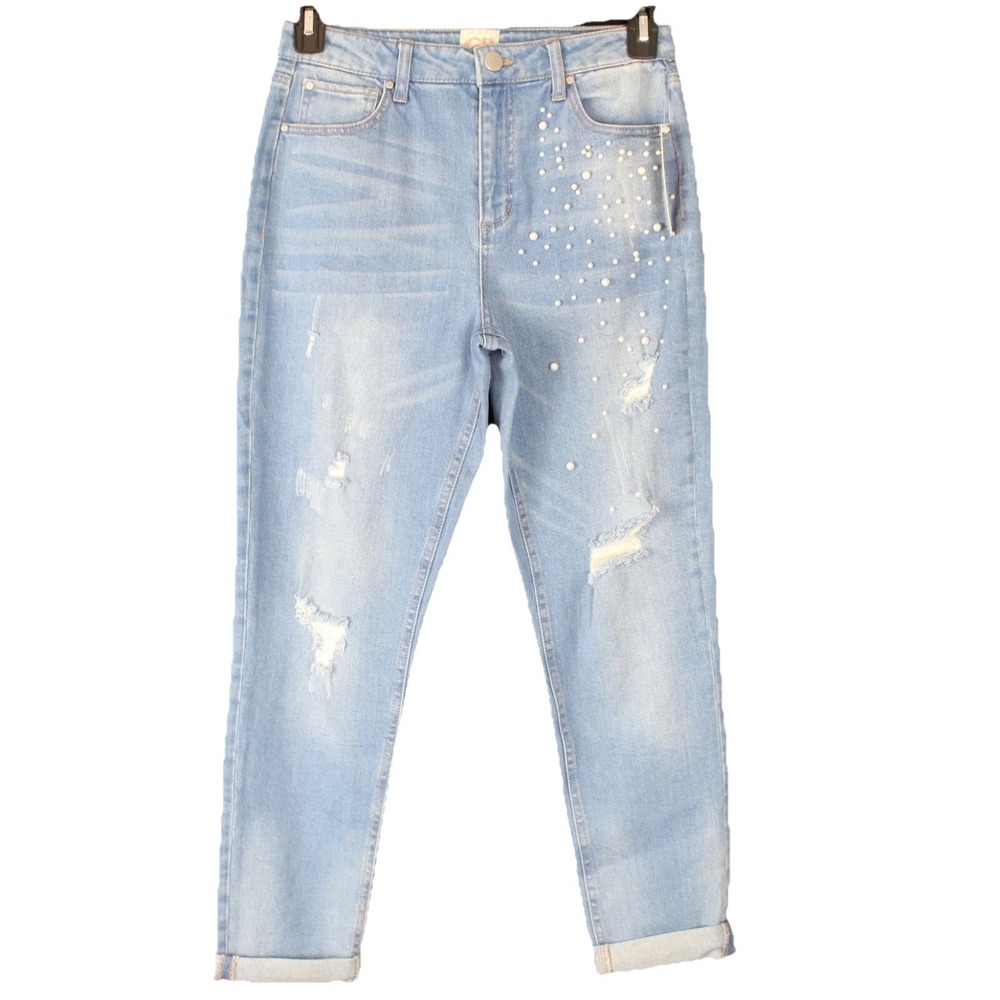 GB Women Jeans Size 7 Blue High Rise Stretch Embellished Distressed Pearl Detail